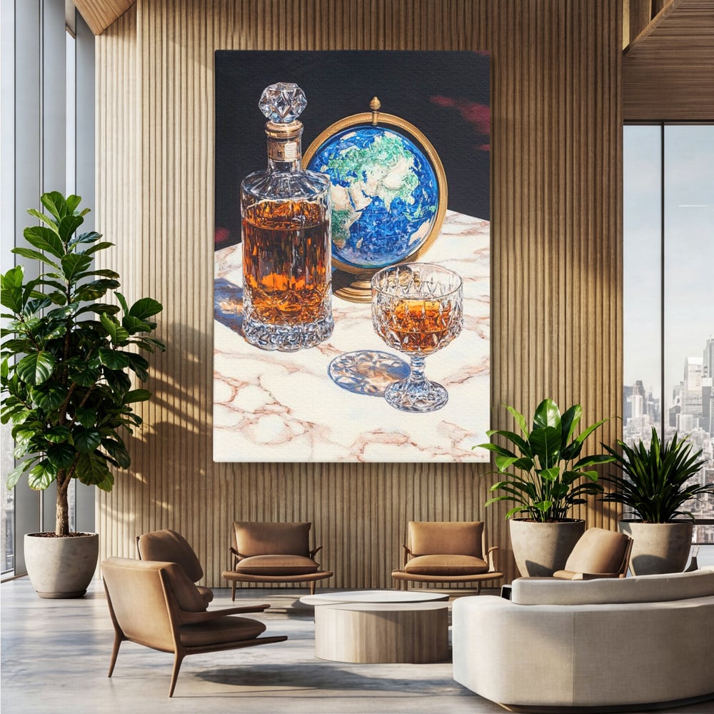 Tablou canvas cu tablou canvas cu sticla de whisky si glob pamantesc, fara rama, pe sasiu de lemn, pe perete intr-un birou